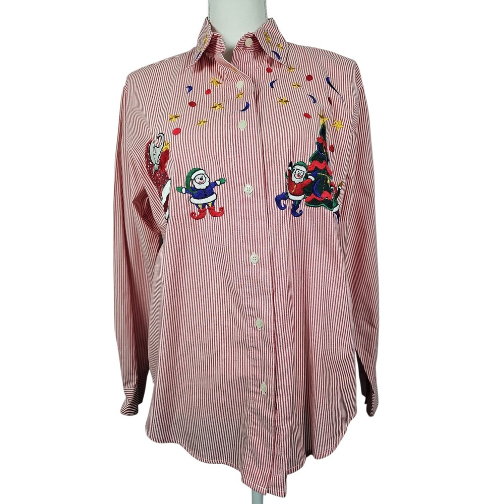Karen Scott Button Down Shirt Christmas Santa Striped Red White Women M